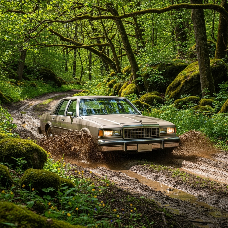 Classic American Sedan Off-Roading Adventure in Forest Classic American Sedan Off-Roading Adventure in Forest