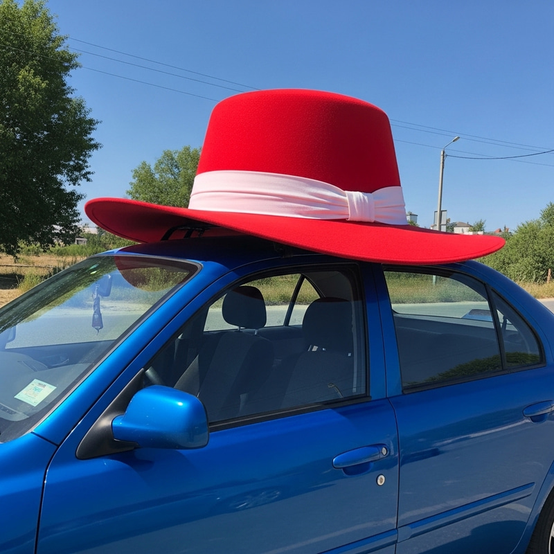 Blue Car in a Red Hat: A Whimsical Scene