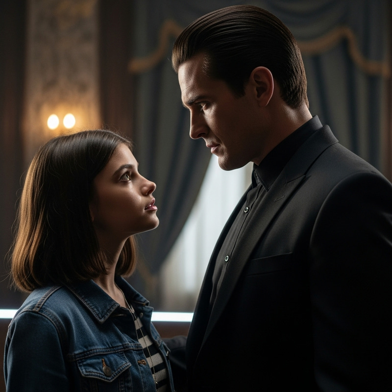 Stylish Aro Volturi Lookalike in Black Suit with Modern Dark-Haired Girl