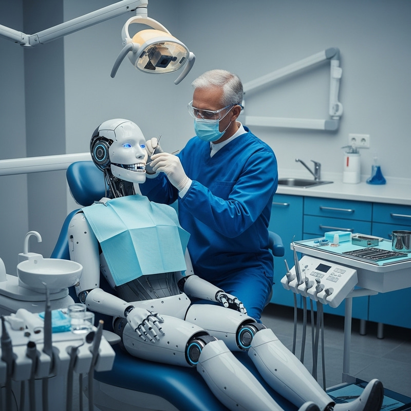 Male Dentist Perfecting Robot's Metallic Teeth | Futuristic Scene Male Dentist Perfecting Robot's Metallic Teeth | Futuristic Scene