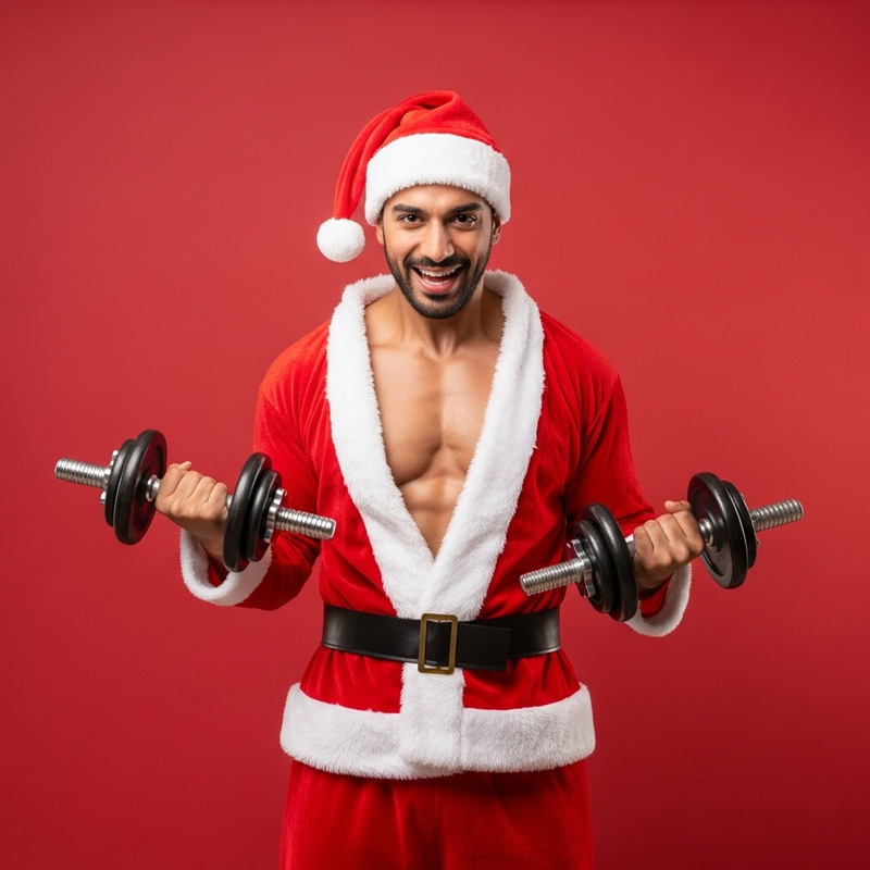 Santa Athlete with Dumbbells on Red Background