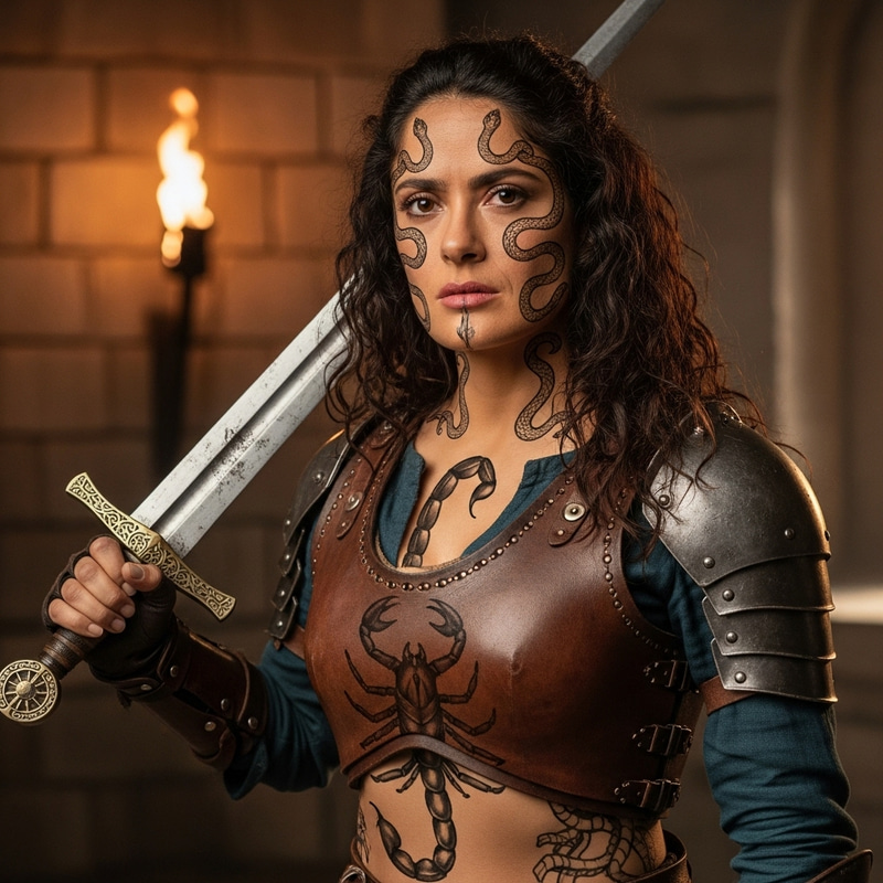 Fierce Medieval Soldier with Unique Animal Tattoos
