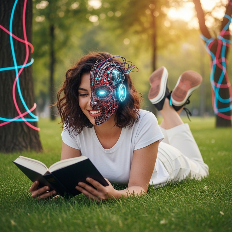 Futuristic Middle Eastern Woman Reading in Park with Digital Twist Futuristic Middle Eastern Woman Reading in Park with Digital Twist