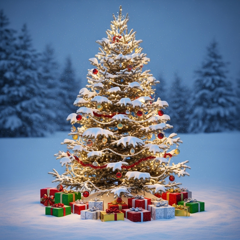 Snowy Christmas Scene with Decorated Fir Tree, Gifts & Festive Spirit Snowy Christmas Scene with Decorated Fir Tree, Gifts & Festive Spirit