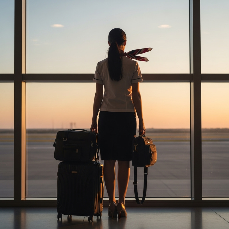 Caucasian Flight Attendant | Pale Skin, Dark Hair, Sunset View Caucasian Flight Attendant | Pale Skin, Dark Hair, Sunset View