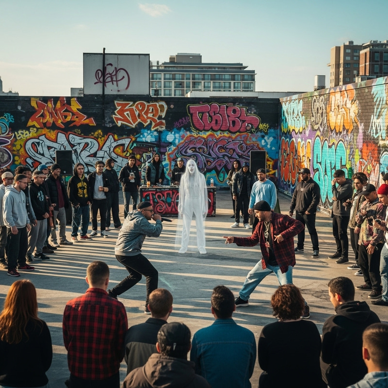 Mysterious Woman Ghost Smiling: Rooftop Hipster Graffiti Scene Mysterious Woman Ghost Smiling: Rooftop Hipster Graffiti Scene