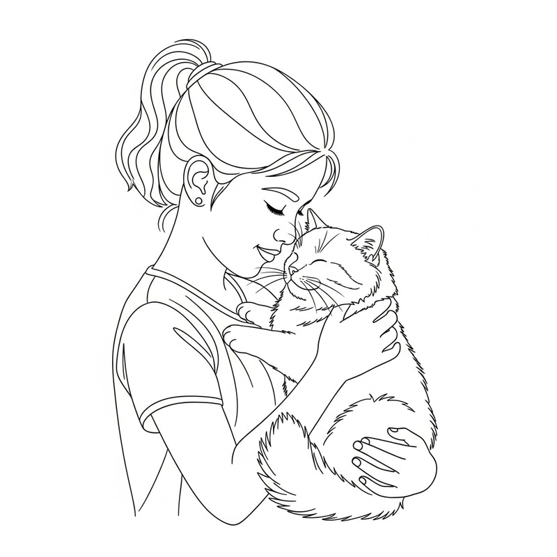 Simple Line Drawing of a Girl Holding a Cat