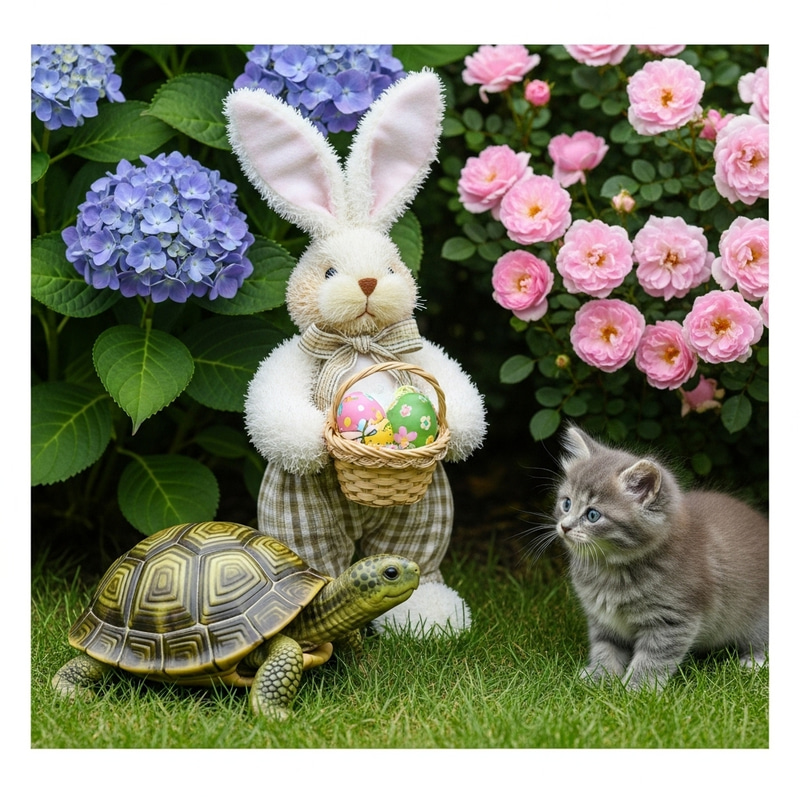 Endearing Easter Bunny, Green Turtle & Kitten Image Endearing Easter Bunny, Green Turtle & Kitten Image
