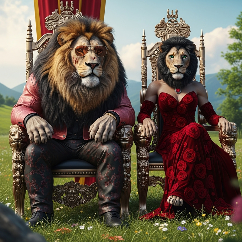 Majestic Alpha Lion and Confident Lioness in Dark Fantasy Setting Majestic Alpha Lion and Confident Lioness in Dark Fantasy Setting