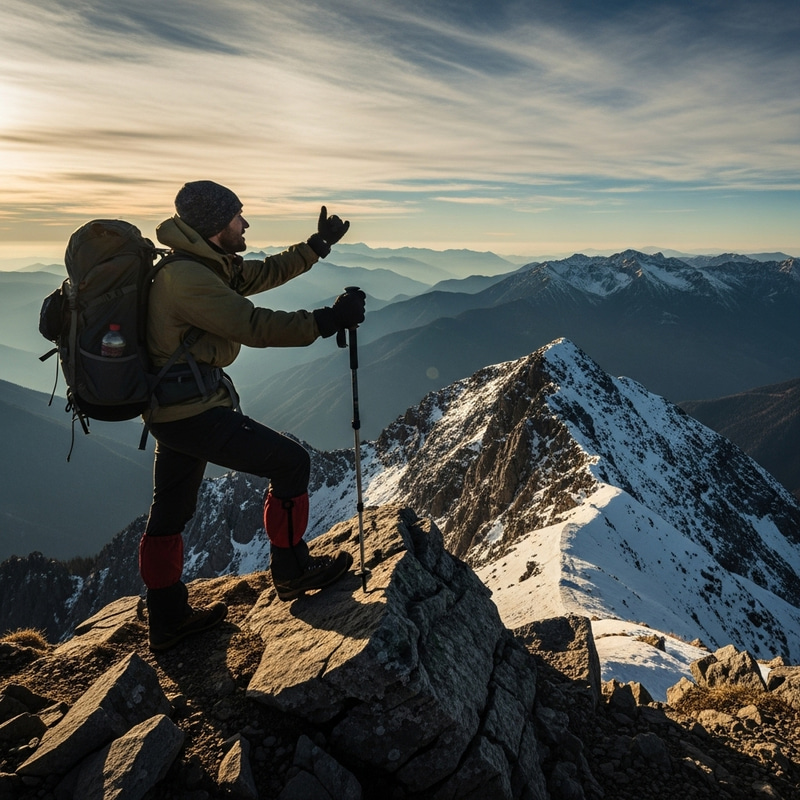 Hiker with Backpack and Trekking Pole at Mountain Summit, Gazing into the Distance Hiker with Backpack and Trekking Pole at Mountain Summit, Gazing into the Distance