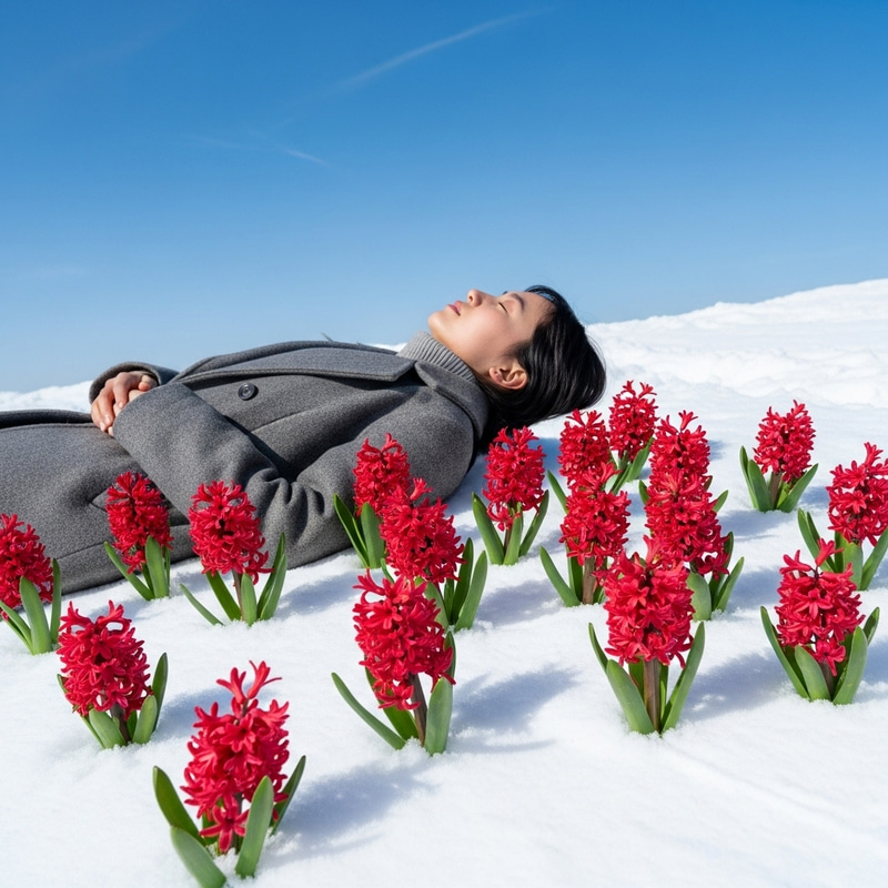 Young Woman Resting on Snow Surrounded by Blooming Red Hyacinth Flowers Young Woman Resting on Snow Surrounded by Blooming Red Hyacinth Flowers