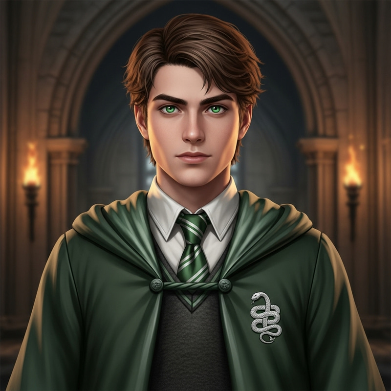 Handsome Teenage Male in Slytherin Uniform with Striking Green Eyes