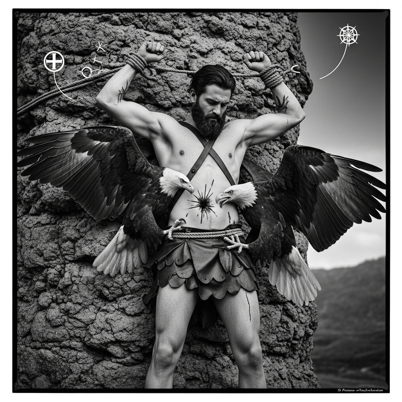 Prometheus vs Eagle: Mythical Struggle in Intense Monochrome Image Prometheus vs Eagle: Mythical Struggle in Intense Monochrome Image