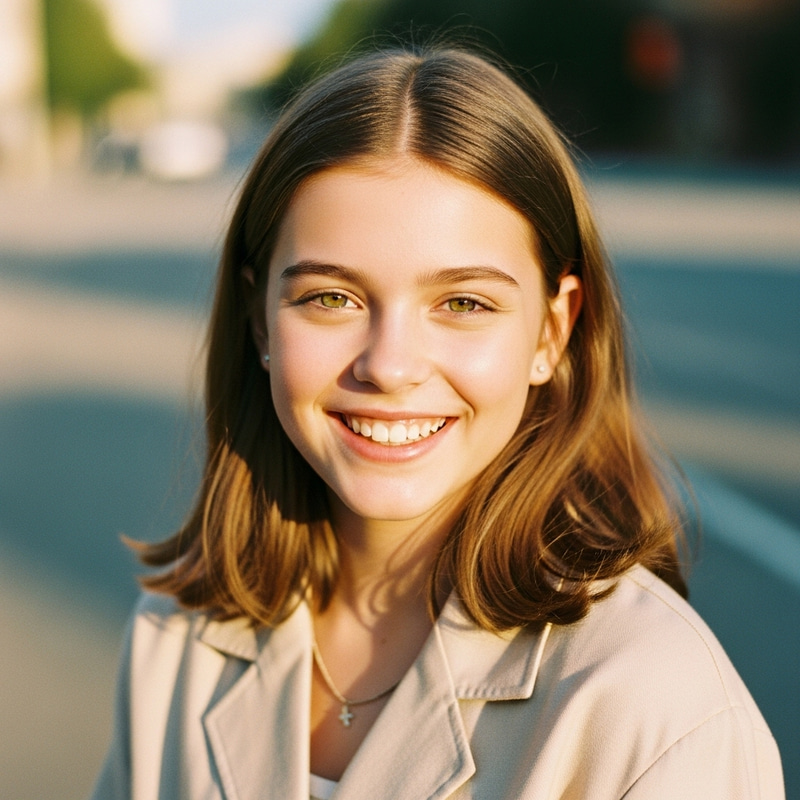 Energetic Teen Girl in Beige Outfit | Youthful Fashion Portrait