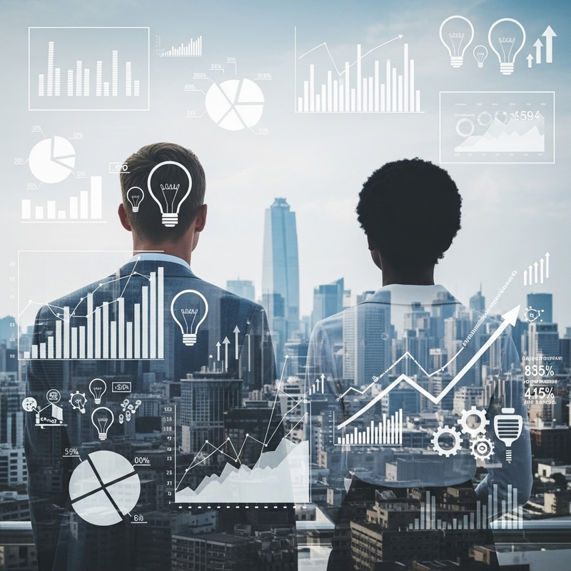 Business Man and Woman Double Exposure: Cityscape & Charts Business Man and Woman Double Exposure: Cityscape & Charts