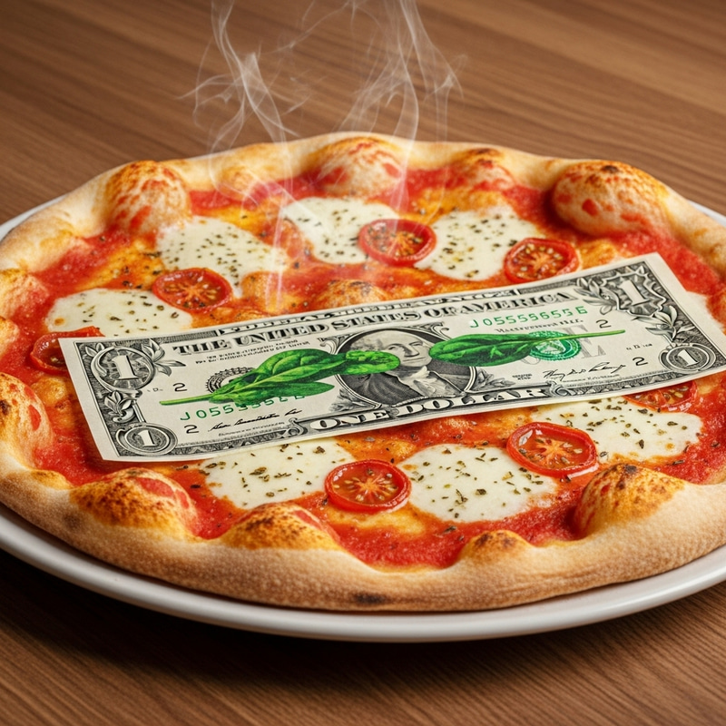 One Dollar Pizza Art with Mozzarella Cheese and Tomato Sauce