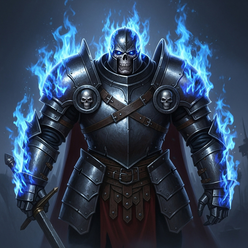 Legendary Undead General in Iron Armor, Blue Flame Battle Scene Legendary Undead General in Iron Armor, Blue Flame Battle Scene