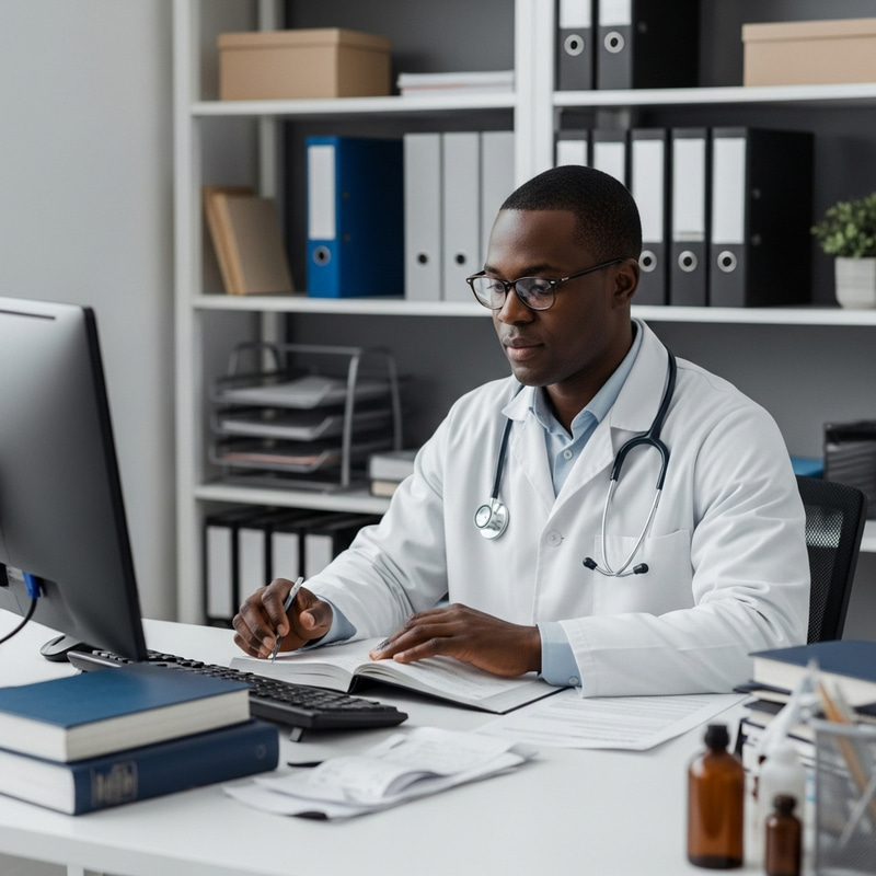 Focused African American Doctor in a Well-Lit Office Focused African American Doctor in a Well-Lit Office