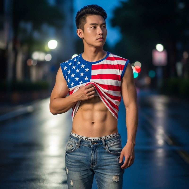 Stylish Asian Man in Colorful American T-shirt | Summer Night Look Stylish Asian Man in Colorful American T-shirt | Summer Night Look