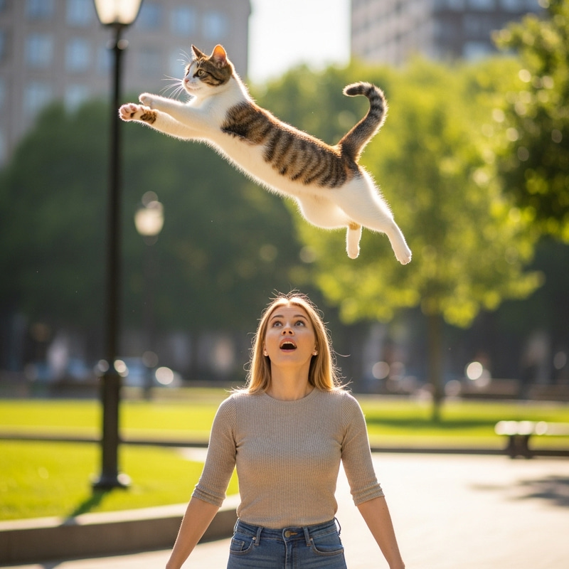 Playful Calico Cat Jumps Over Person in Urban Park Playful Calico Cat Jumps Over Person in Urban Park