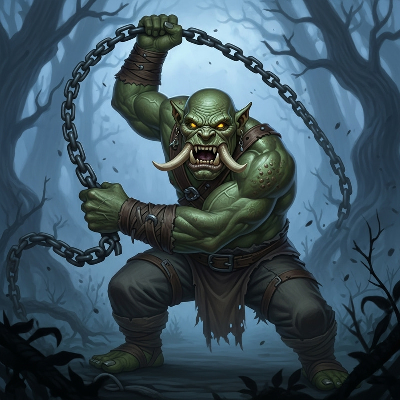 Menacing Ogre Swinging Iron Chain in Forest Menacing Ogre Swinging Iron Chain in Forest