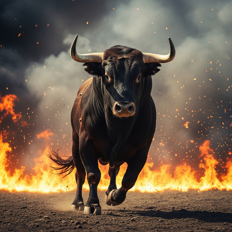 Colossal Bull Escaping Fire with Fiery Determination Colossal Bull Escaping Fire with Fiery Determination