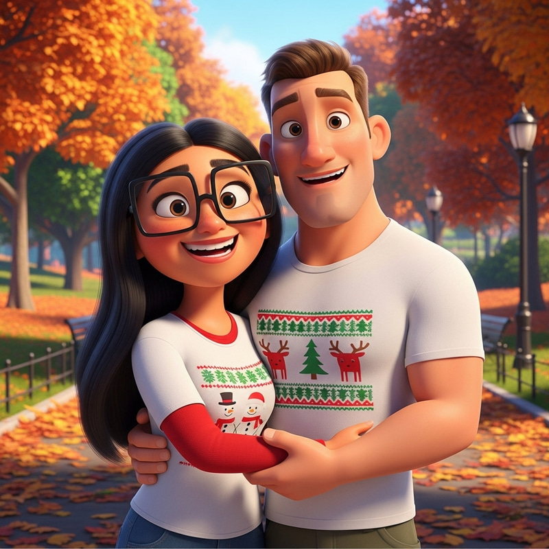 Disney Pixar Style Couple in Park with Christmas White Tees