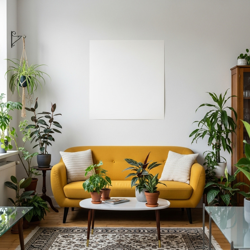 Small Artsy Living Room with Houseplants & Varied Styles | White Poster