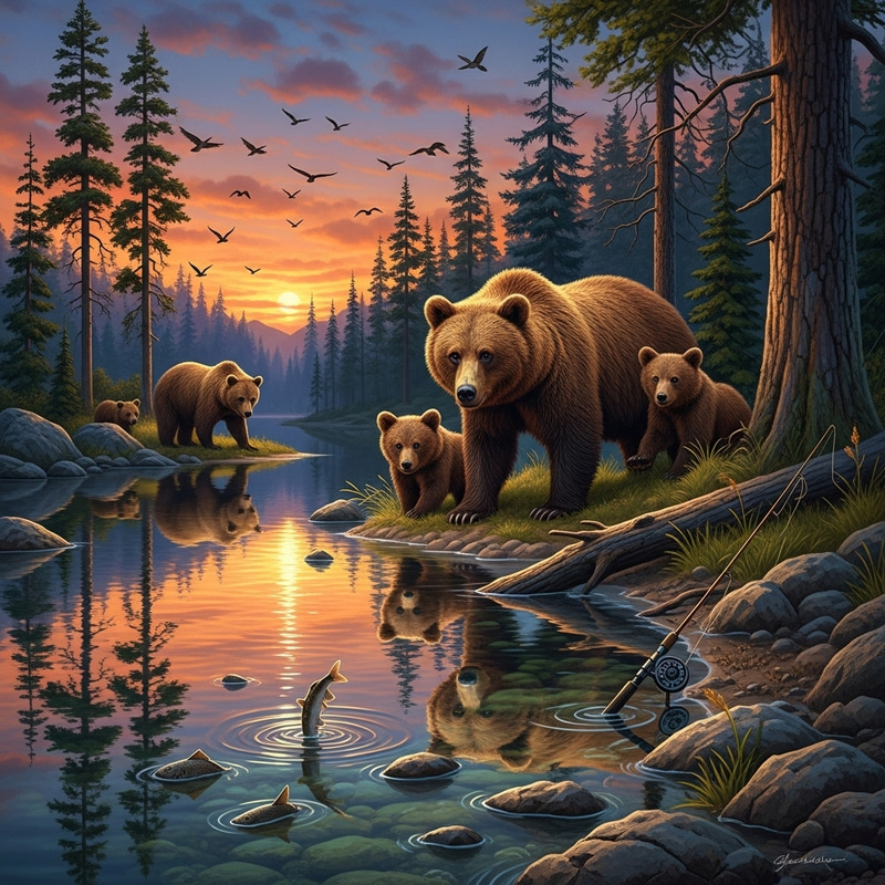 Tranquil Twilight Encounter: Brown Bears in Serene Forest Tranquil Twilight Encounter: Brown Bears in Serene Forest