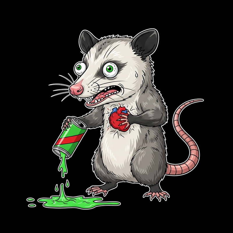 Comedic Possum Caricature: Mountain Dew Drink Overdose Drama Comedic Possum Caricature: Mountain Dew Drink Overdose Drama
