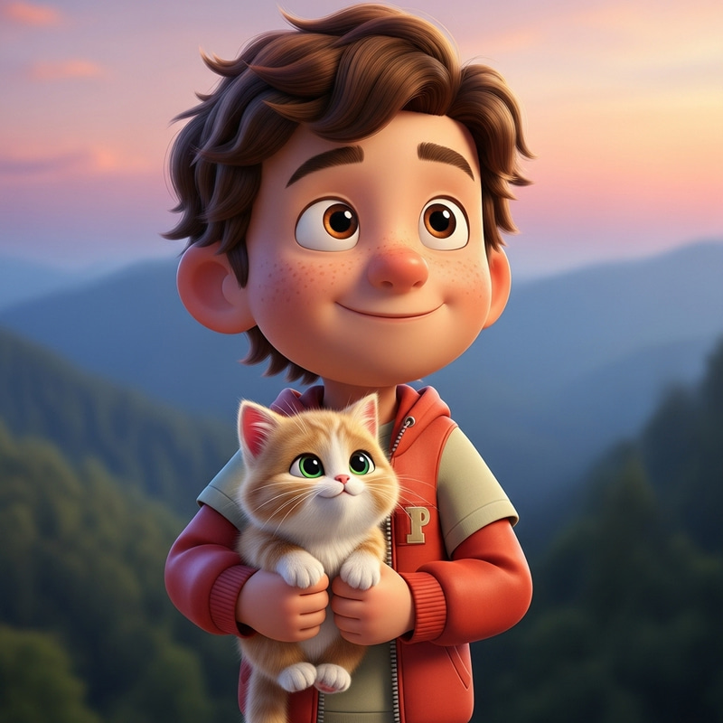 Youthful Pixar Style Boy with Brown Hair and Blonde Kitten Youthful Pixar Style Boy with Brown Hair and Blonde Kitten