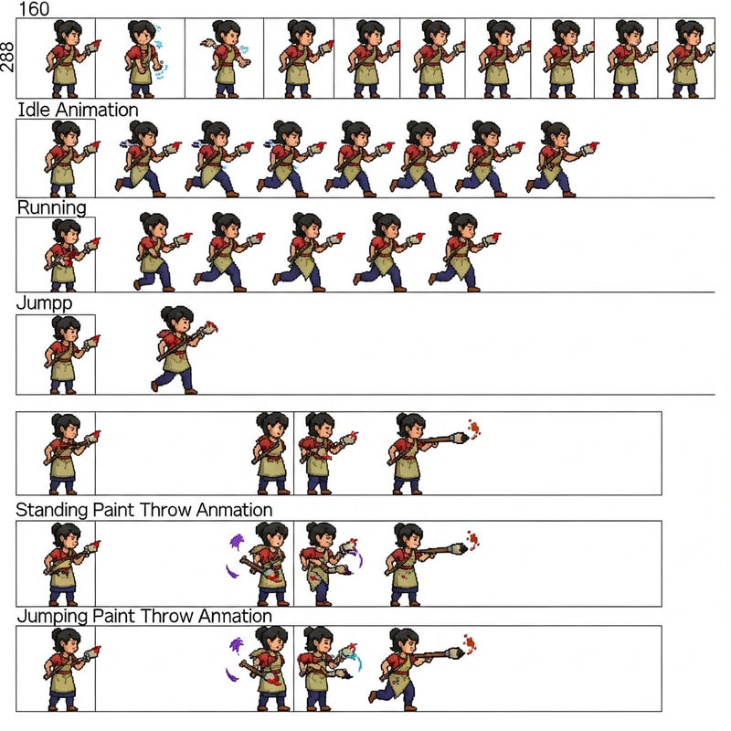Detailed Pixel Art Sprite Sheet for Female Artist in a Video Game Detailed Pixel Art Sprite Sheet for Female Artist in a Video Game