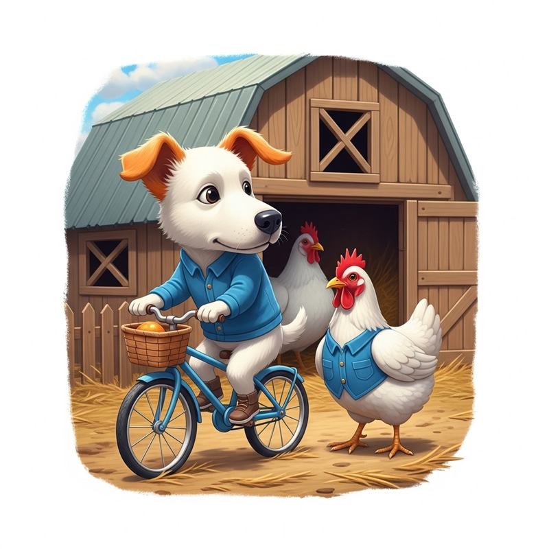 White Dog & Chicken Ride Bicycle | Barn Friendship White Dog & Chicken Ride Bicycle | Barn Friendship