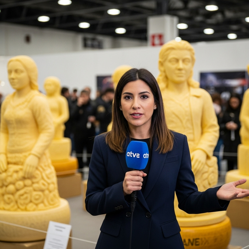 Serious Female Reporter at Cheese Statue Exhibition