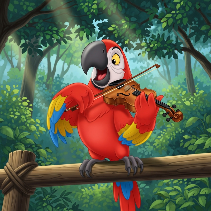 Vibrant Guacamaya Parrot Playing Violin in Forest Vibrant Guacamaya Parrot Playing Violin in Forest