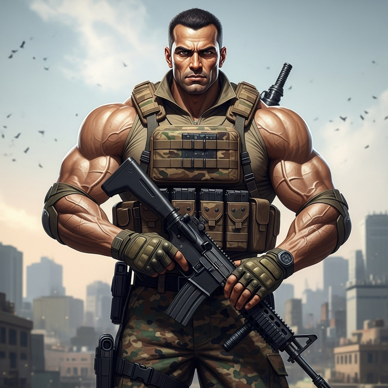 Muscular Modern Mercenary: Strong Warrior in Urban Environments Muscular Modern Mercenary: Strong Warrior in Urban Environments