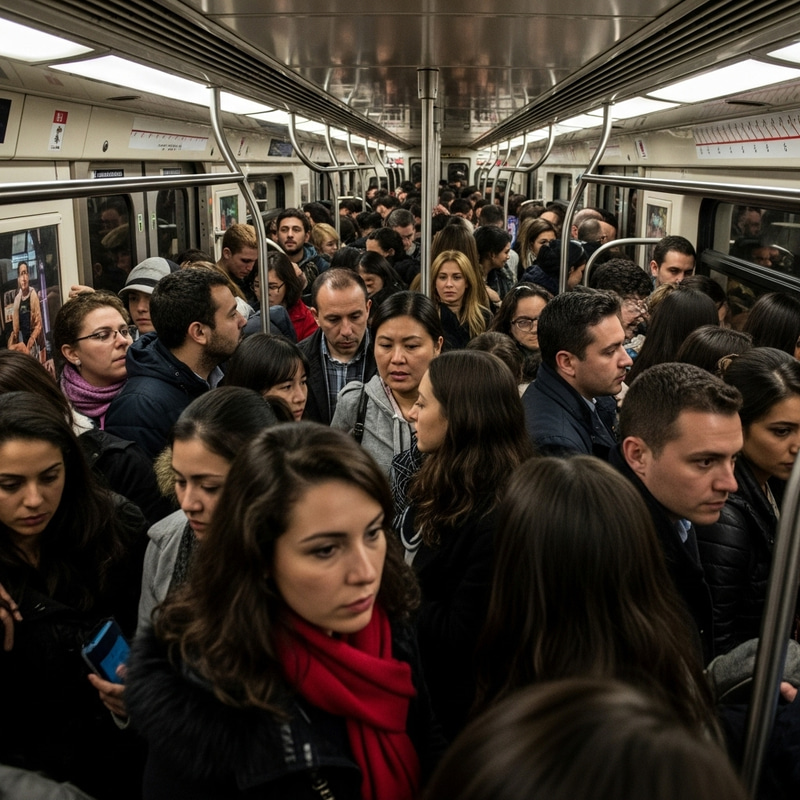 Crowded Subway Rush Hour with Diverse Commuters