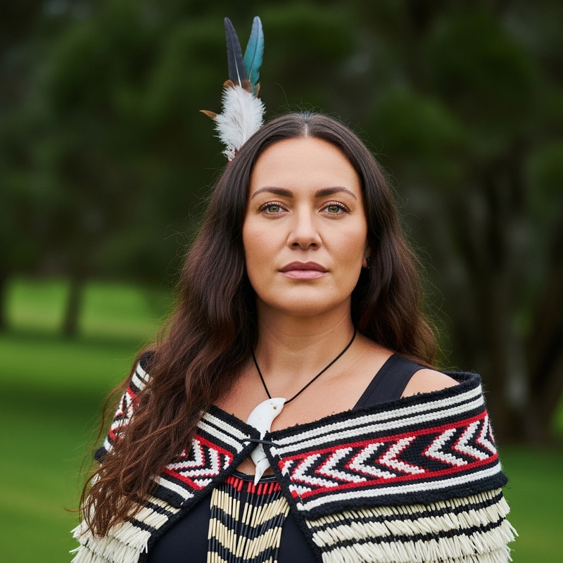 Captivating Maori Woman in Traditional Attire | Serene Nature Scene Captivating Maori Woman in Traditional Attire | Serene Nature Scene