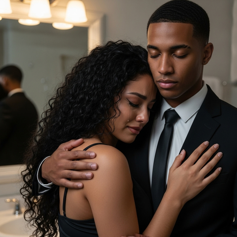 Hispanic Woman Shedding Tears in Bathroom Embraced by Italian Man