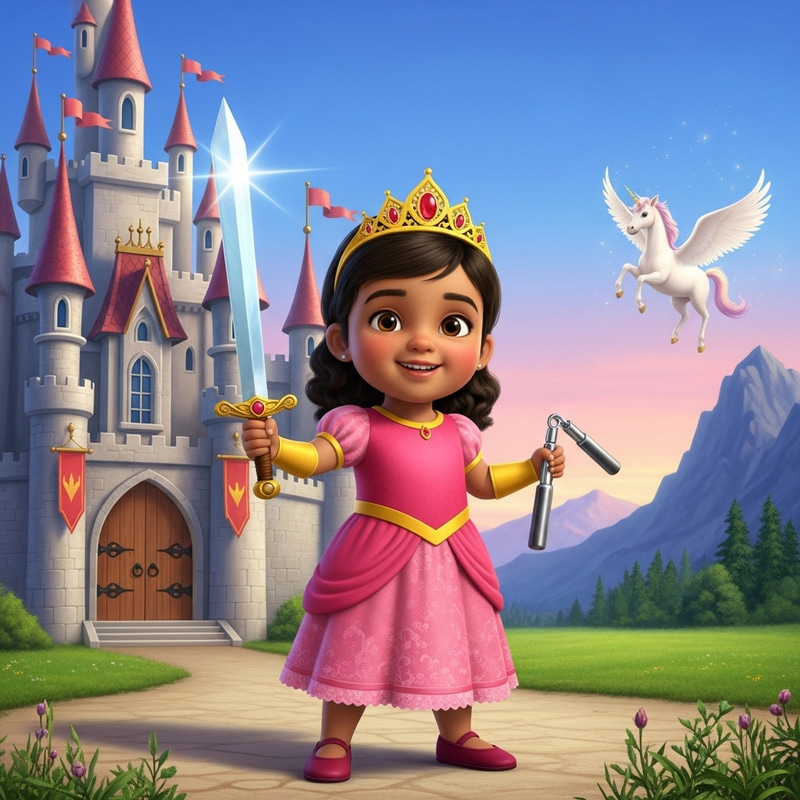 Hispanic/Black Toddler Girl Warrior with Sword, Nunchucks, Crown & Unicorn