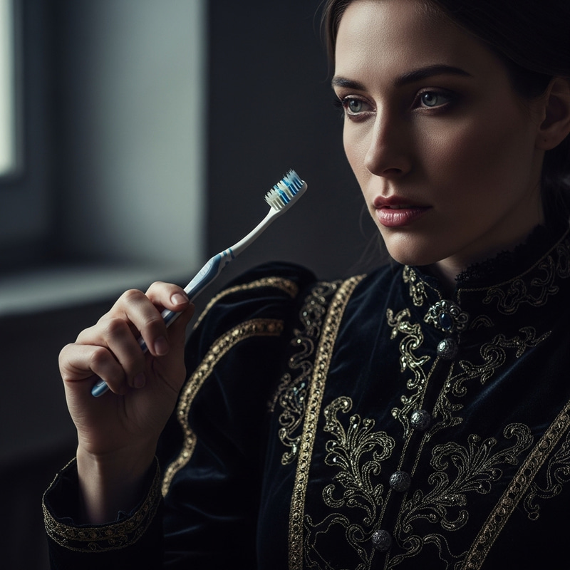 Gothic Portrait of Woman Holding Toothbrush Gothic Portrait of Woman Holding Toothbrush
