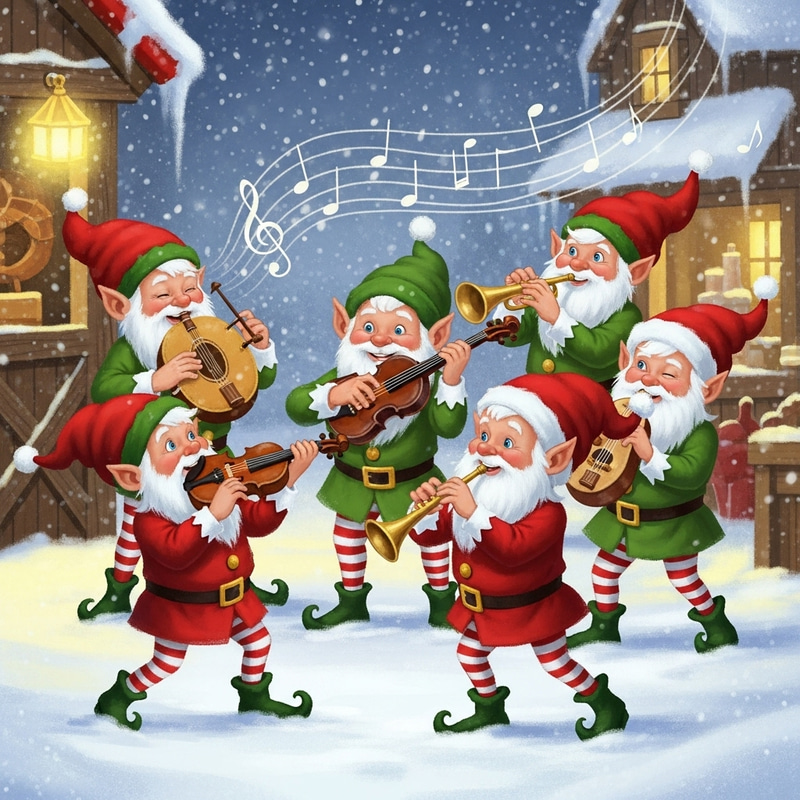 Iconic Illustration of Santa's Musicians Gnomes at North Pole Iconic Illustration of Santa's Musicians Gnomes at North Pole