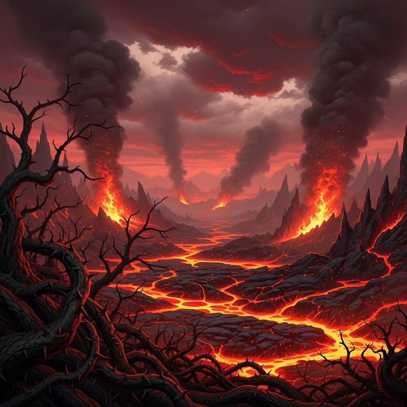 Hellish Landscape: Molten Lava & Ominous Clouds Hellish Landscape: Molten Lava & Ominous Clouds