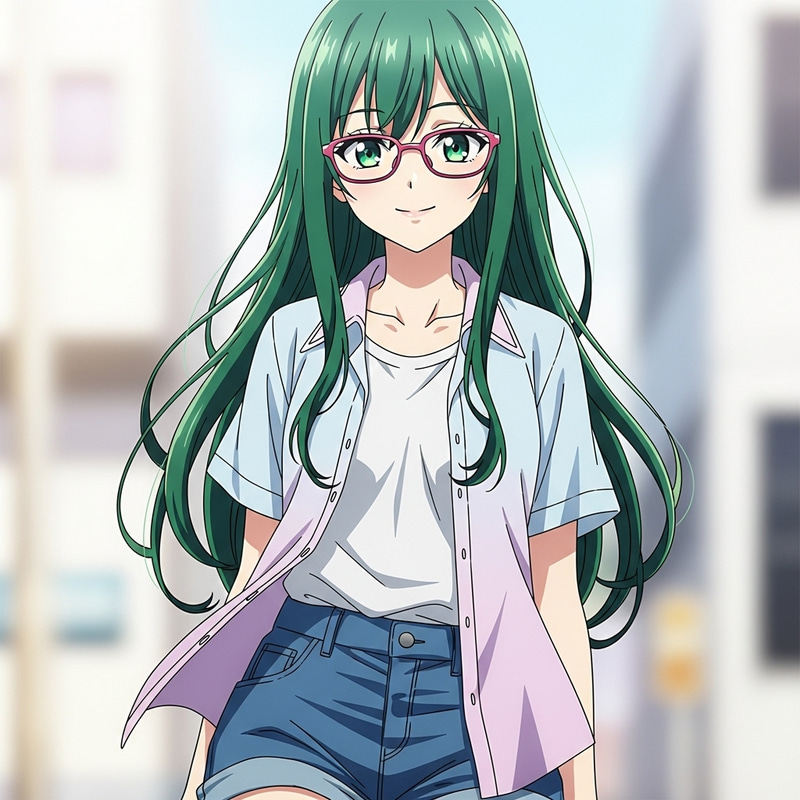 Vibrant Green Hair Anime Girl in Pink Glasses HD Vibrant Green Hair Anime Girl in Pink Glasses HD