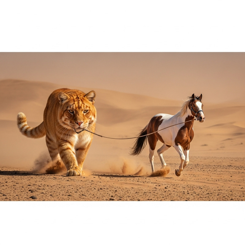 Vibrant Ginger Cat Leading Piebald Horse in Desert Sandstorm Vibrant Ginger Cat Leading Piebald Horse in Desert Sandstorm