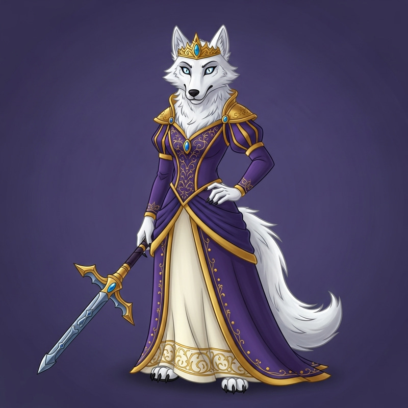 Female White Wolf Character in Purple and Gold Attire