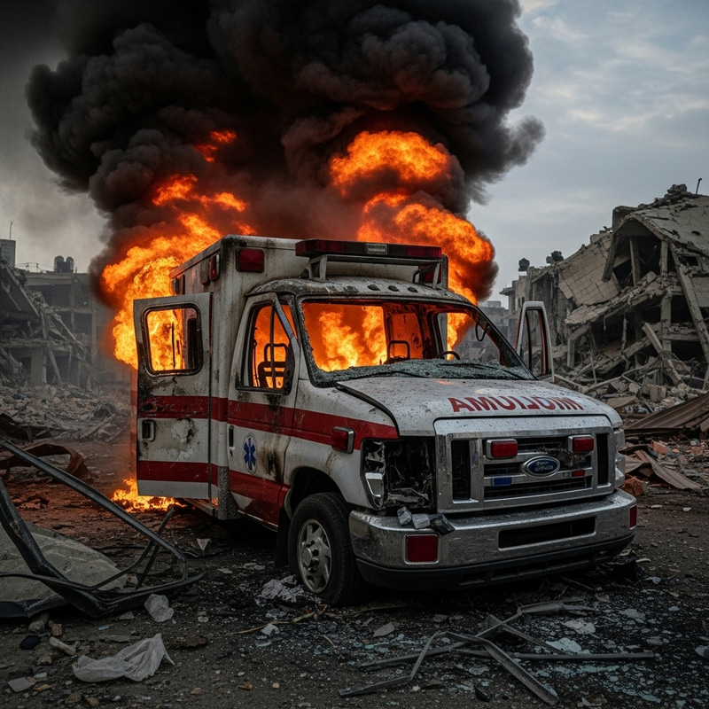 Ambulance Destroyed & Engulfed in Flames