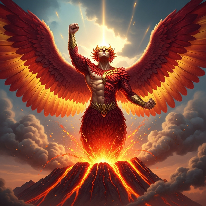 Mythical Half-Phoenix Figure Rising From Volcano Mythical Half-Phoenix Figure Rising From Volcano