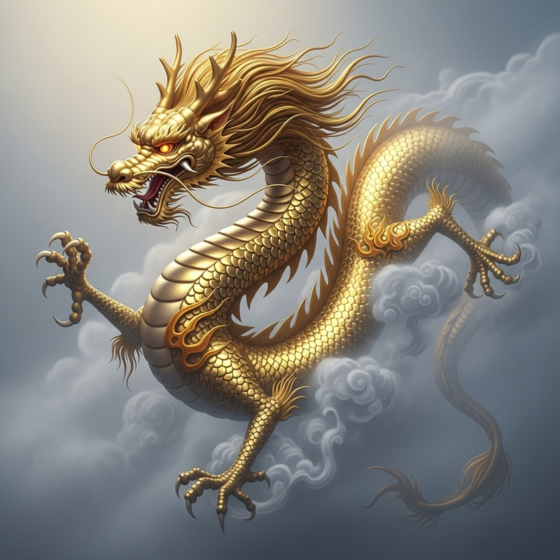Majestic Golden Chinese Dragon: A Regal Emblem in the Clouds