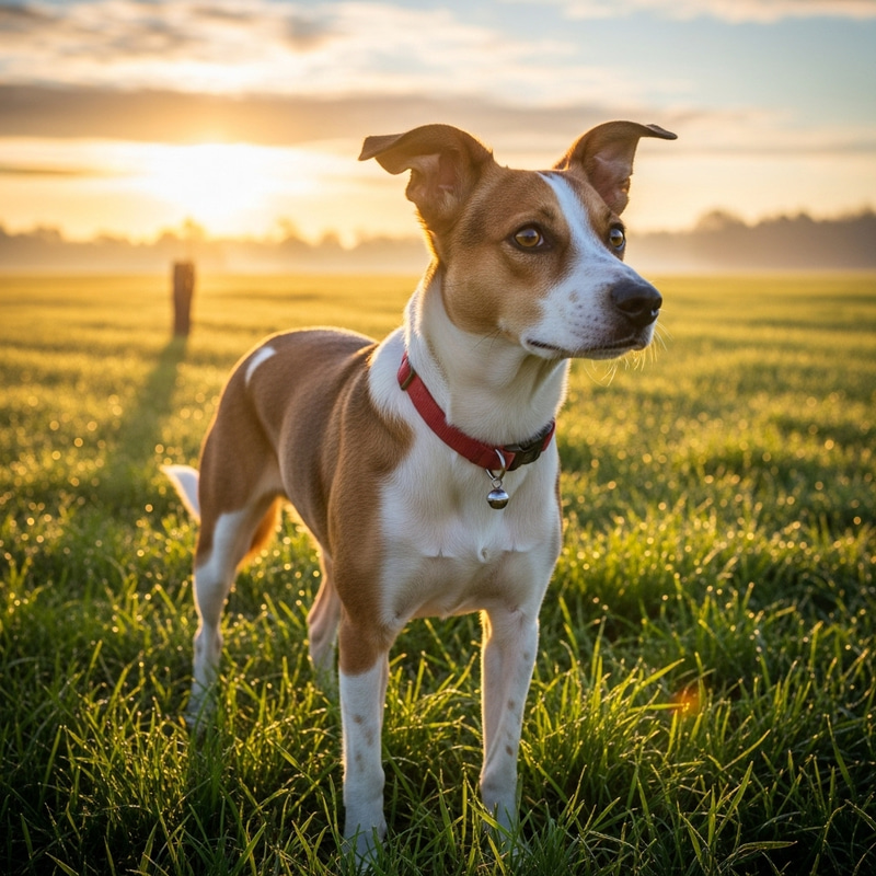 Adorable Mixed Breed Dog in Grassy Field at Sunrise
